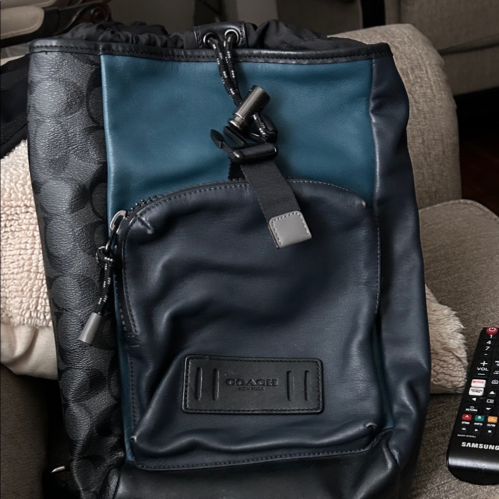 Coach Black and Teal Leather Backpack